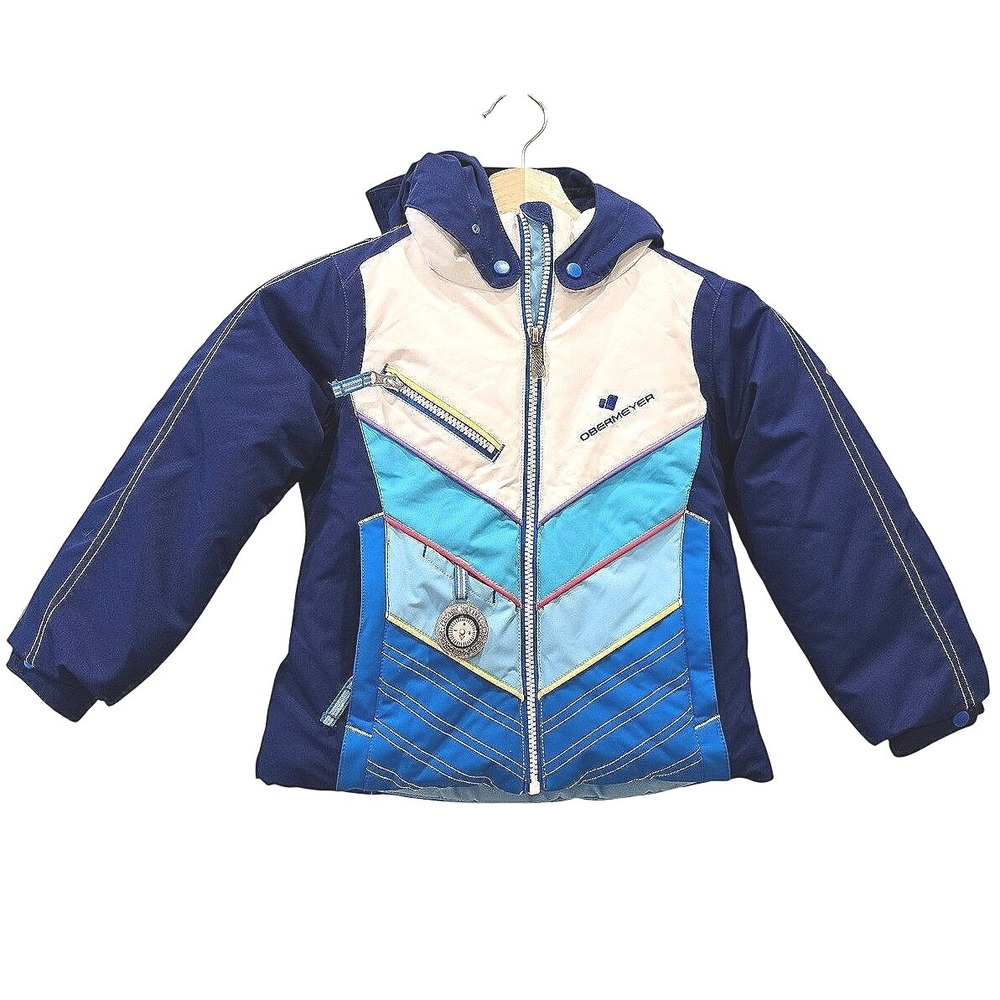 Obermeyer Sierra Kids Ski Snow Jacket Blue Teal‎ Multi Color Chevron Hooded Sz 4